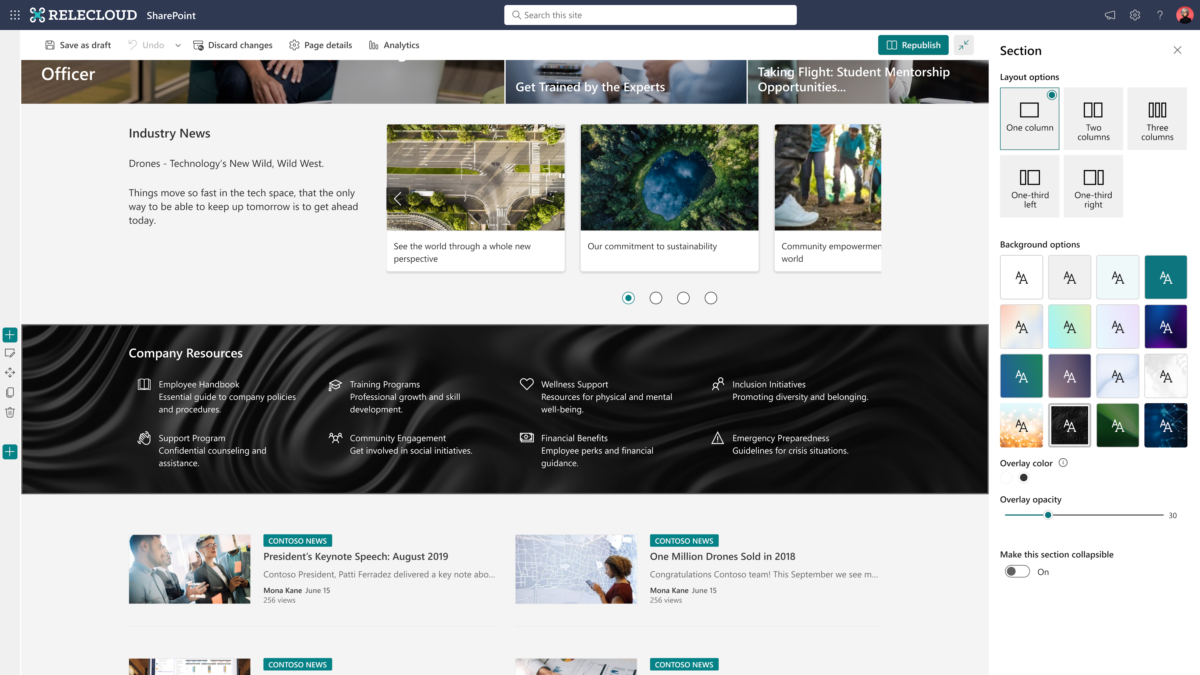 Microsoft SharePoint Online: New section backgrounds in Pages and News